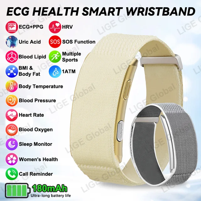 LIGE ECG+PPG Smart Bracelet Men Women Uric Acid Body Fat Body Temperature BP Five Organ Health Smartwatch Sports Fitness Band