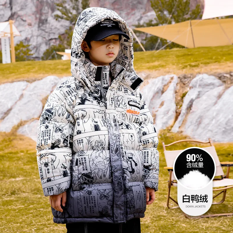 

Fashion Cartoon Print Down Jackets for Boys Winter New Thick Warm Hooded Snowsuit Tops Children's Clothing for Teenager 4-14 Yrs
