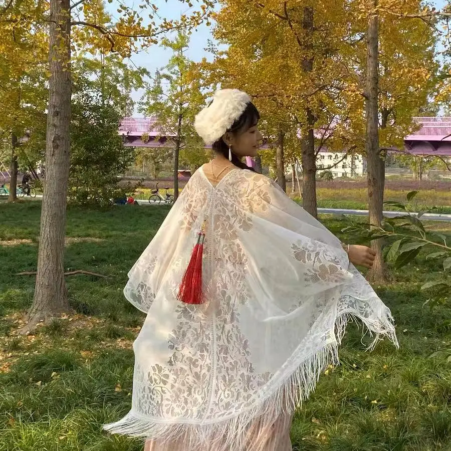 

Летняя Солнцезащитная шаль чонсам, женская тонкая кружевная шаль с кисточками