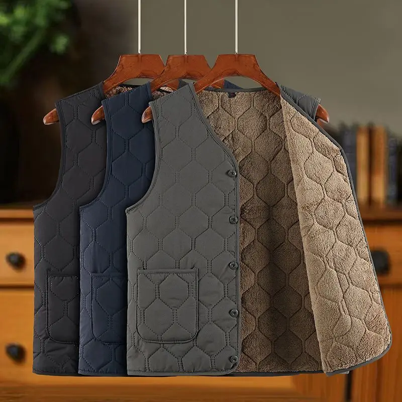 Gilet polaire épais col V sans manches homme carreaux pêche automne hiver chaud boutons