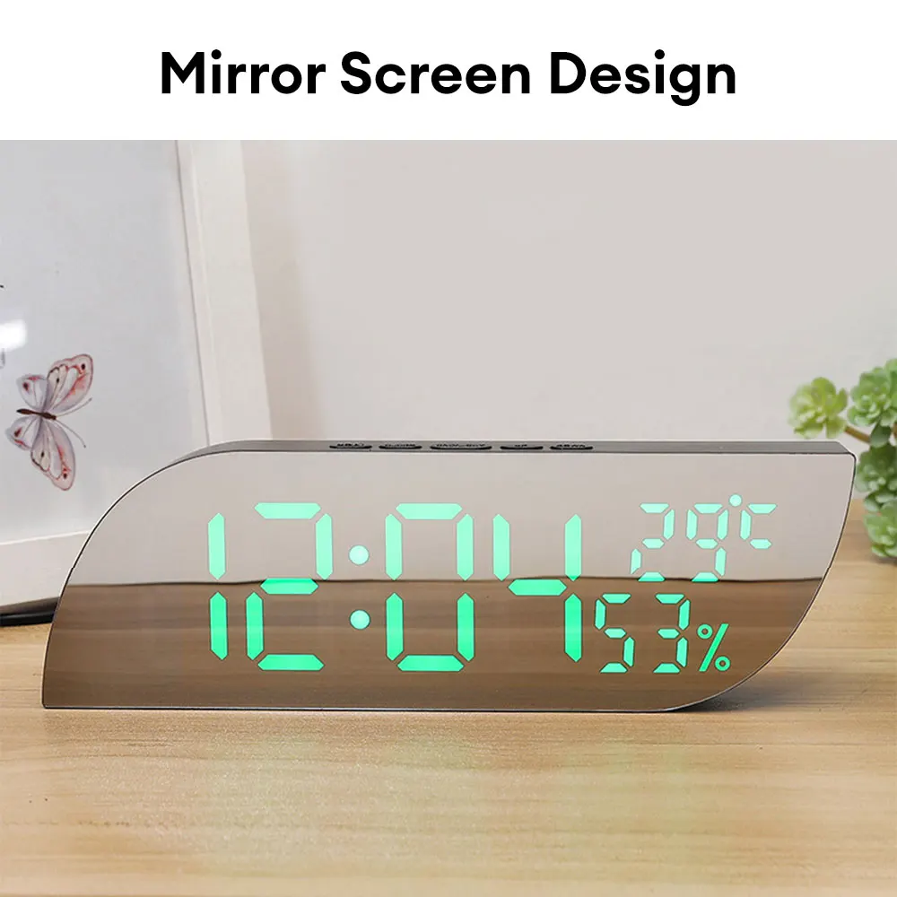 Digital Alarm Clock Temperature Humidity Date Mirror Clock Unlimited Snooze Table Clock 12/24H Night Mode Clock USB AAA Powered 5