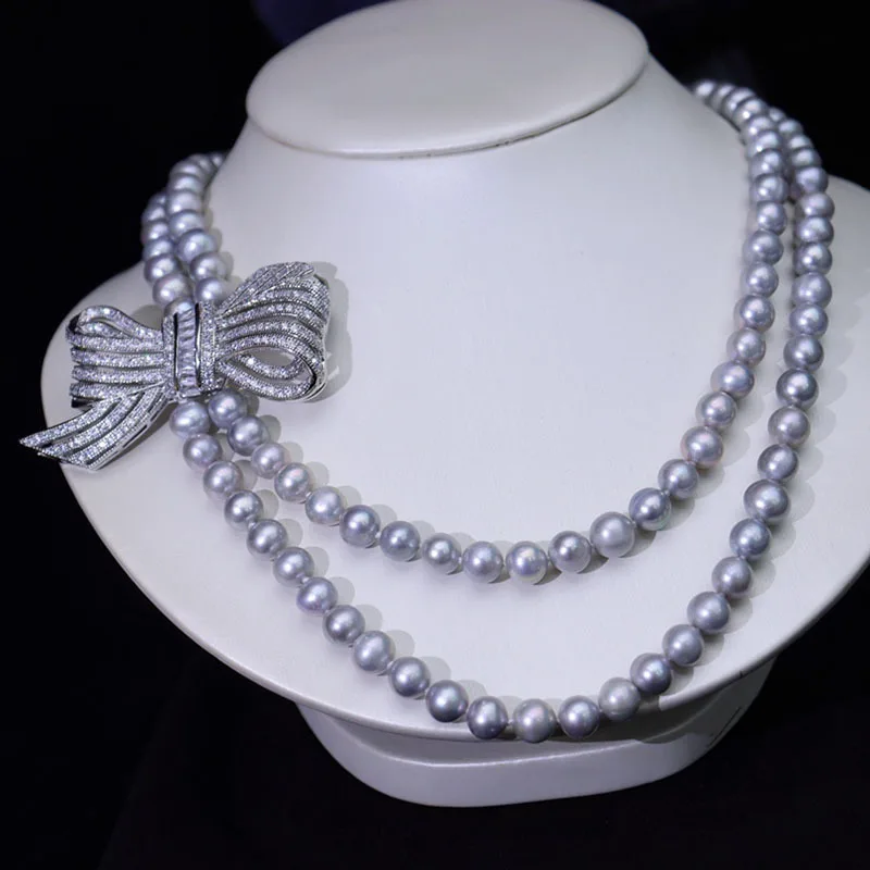 

2rows freshwater pearl gray near round 7-8mm +bowknot necklace 47-50cm