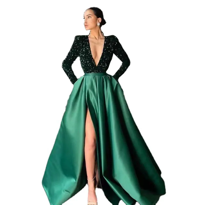 Sexy V Neck Prom Dress 2022 Sequins Hunter Green Party Evening Dress For Women Floor Length beautiful prom dresses Prom Dresses