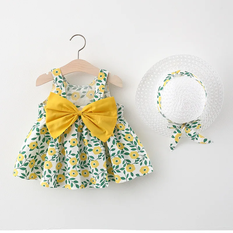 Girls Dress Round Neck Back Big Bow Cotton Skirt with Hat 2 Pcs