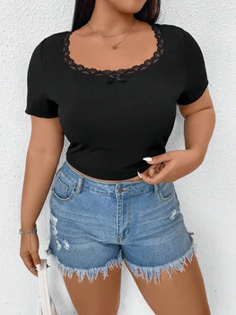 Plus Size Summer Women's T-Shirt Solid Basic Tops Lace Round Neck Short Sleeve Pullover Home Office Casual Loose 1