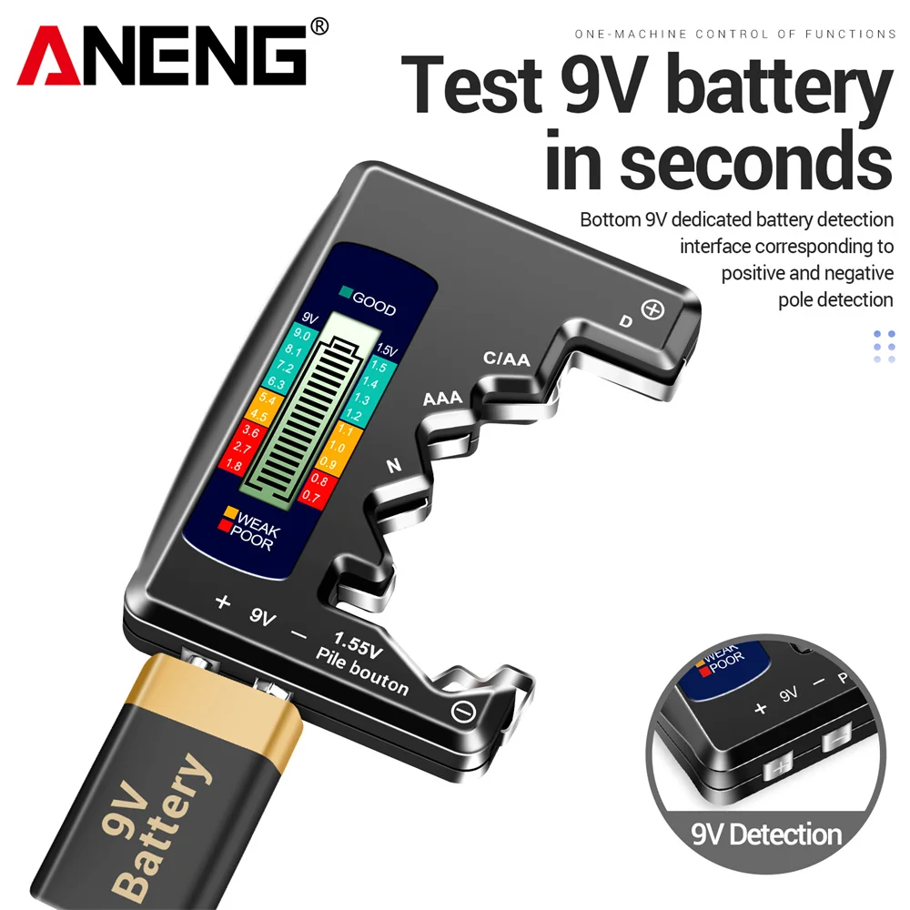 Battery Tester ANENG LCD Display C AA AAA D N 9V 1.55V Universal Button Cell Volt Capacity Check Detector Capacitance Tools