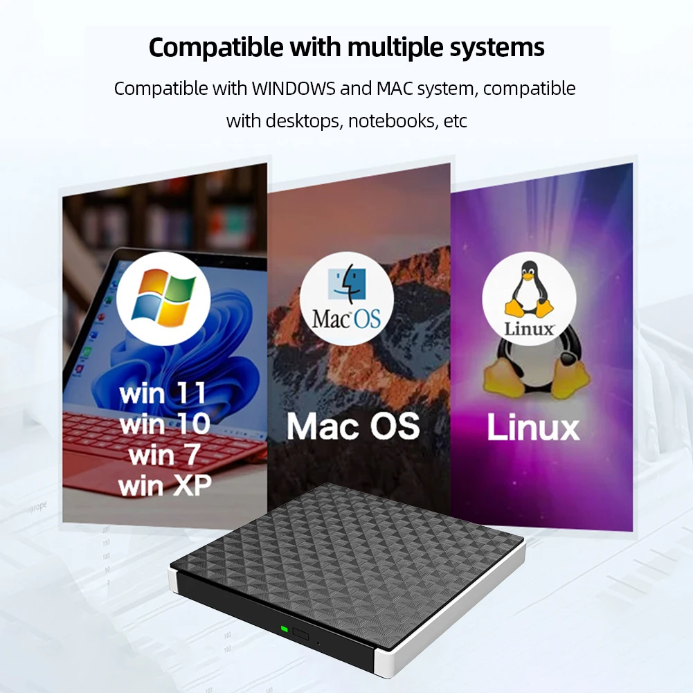노트북 데스크탑용 외부 CD/DVD 드라이브, Win Mac OS와 호환 가능, 휴대용 CD DVD 버너, 미끄럼 방지 패드 CD 리더 리라이터