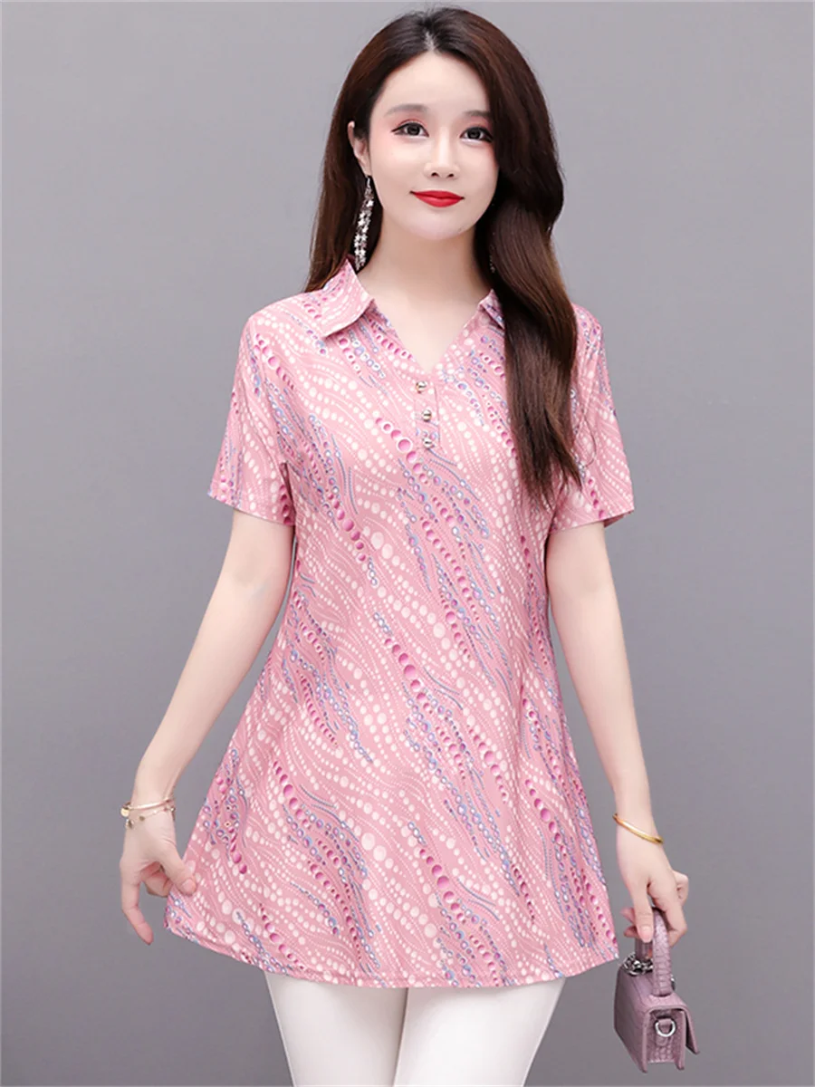 

5XL Women spring summer Shirts Lady Fashion Casual short Sleeve Turn-down collar printing Blusas Tops elegant CT0633
