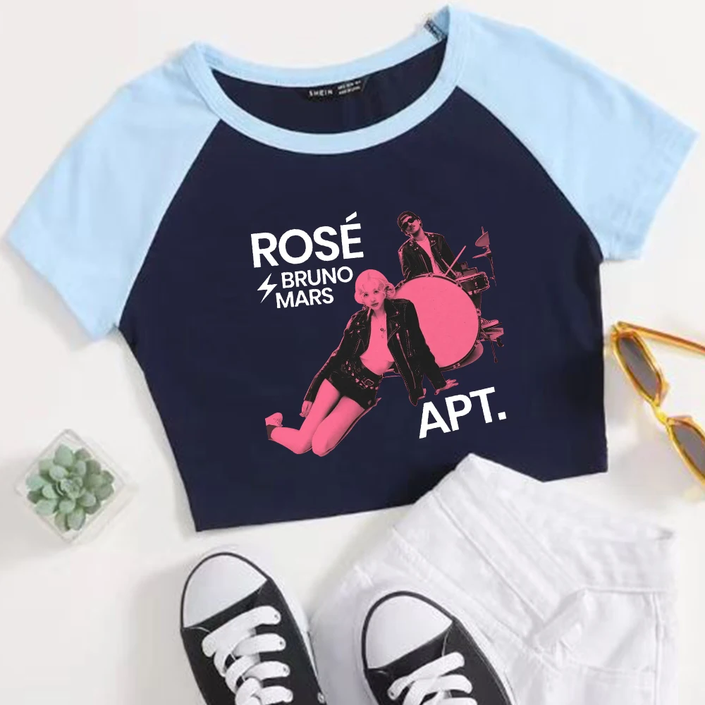 Rose Rosie APT. Bruno Mars Girls Crop Shirts Color blocked short sleeves O-Neck Top 3