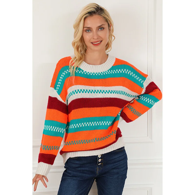 

Autumn and winter new striped round neck sweater for women