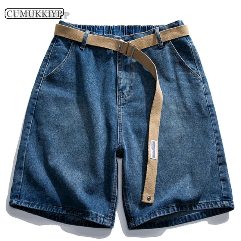 CUMUKKIYP Vintage Denim Shorts with Wide-leg Design and Belt for Men