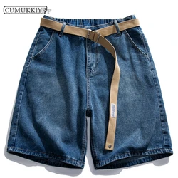 CUMUKKIYP Vintage Denim Shorts with Wide-leg Design and Belt for Men