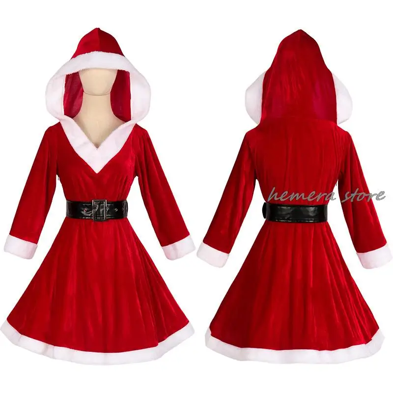 

My Dress Up Christmas Costume For Women Sexy Santa Claus Cosplay Carnival Party Clubwear Adult Miss XMAS Hooded Dresses