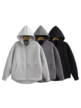 HH Winter New Women's Zipper Hoodie Coat High Street Double Pockets Jakcet Oversize Loose Sweatshirts Outerwear Top