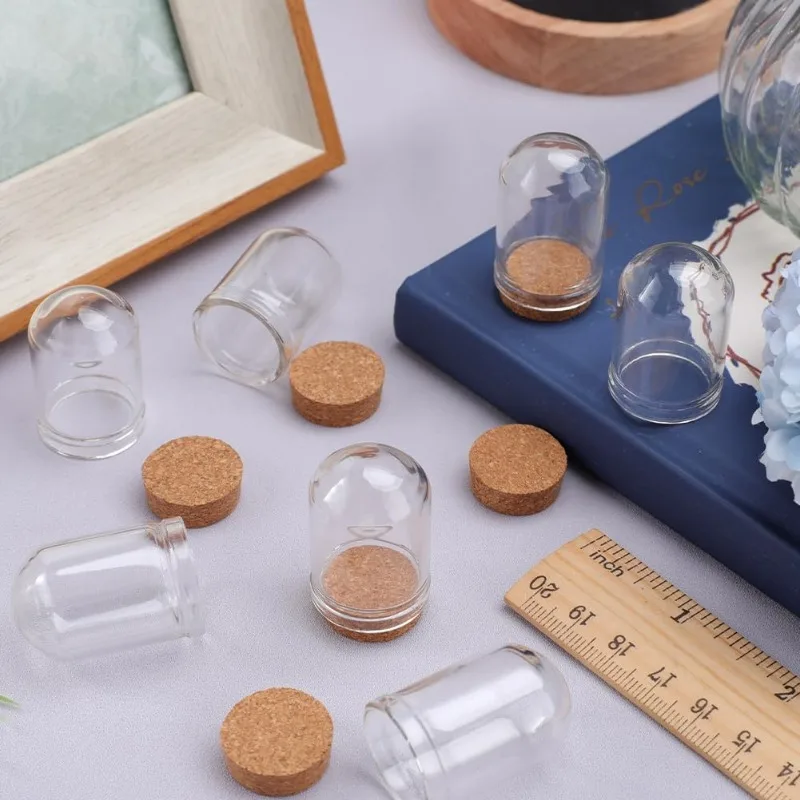 20Pcs Cloche Bell Jar 8mL Glass Display Dome Cork Base 1.28 inch Small Bottles Mini Bottles Dome Decorative Jars