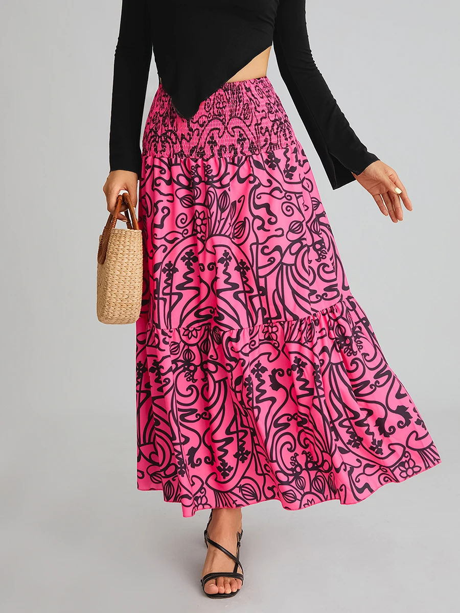 

2023 New Women Summer Long Skirt Large Hem Floral Print Elastic High Waist A-line Skirt for Beaches Club Streetwear