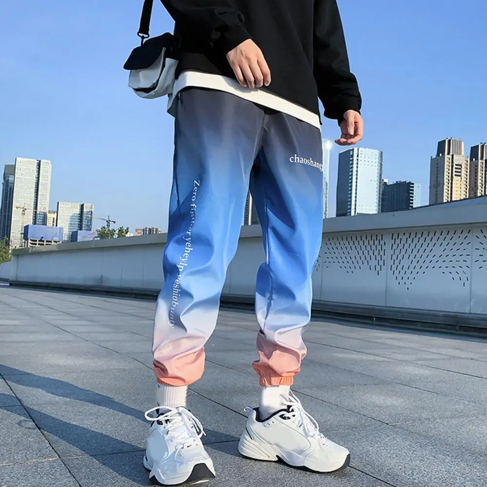 

Men Autumn Winter Letters Print Gradient Color Cargo Harem Pants Ankle Tied Sports Trousers Cotton Casual Hip Hop Male Outwear