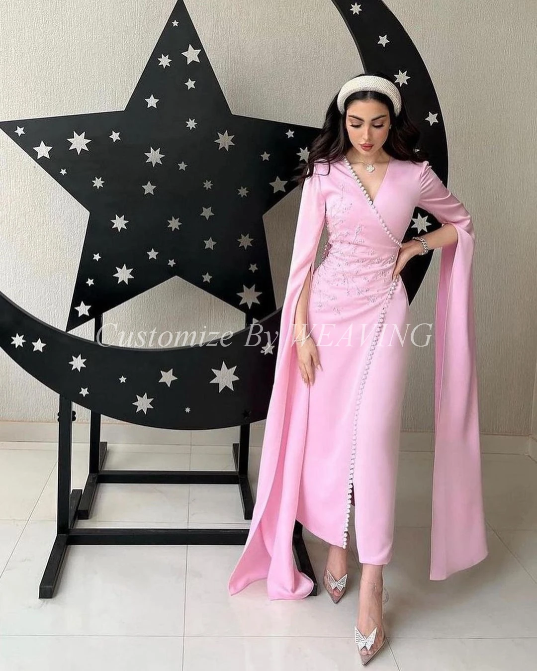 

Pink Satin Long Sleeves Formal Evening Dresses Sheath V Neck Ankle Length Beadings Saudi Arabia Prom Party Dress Elegant