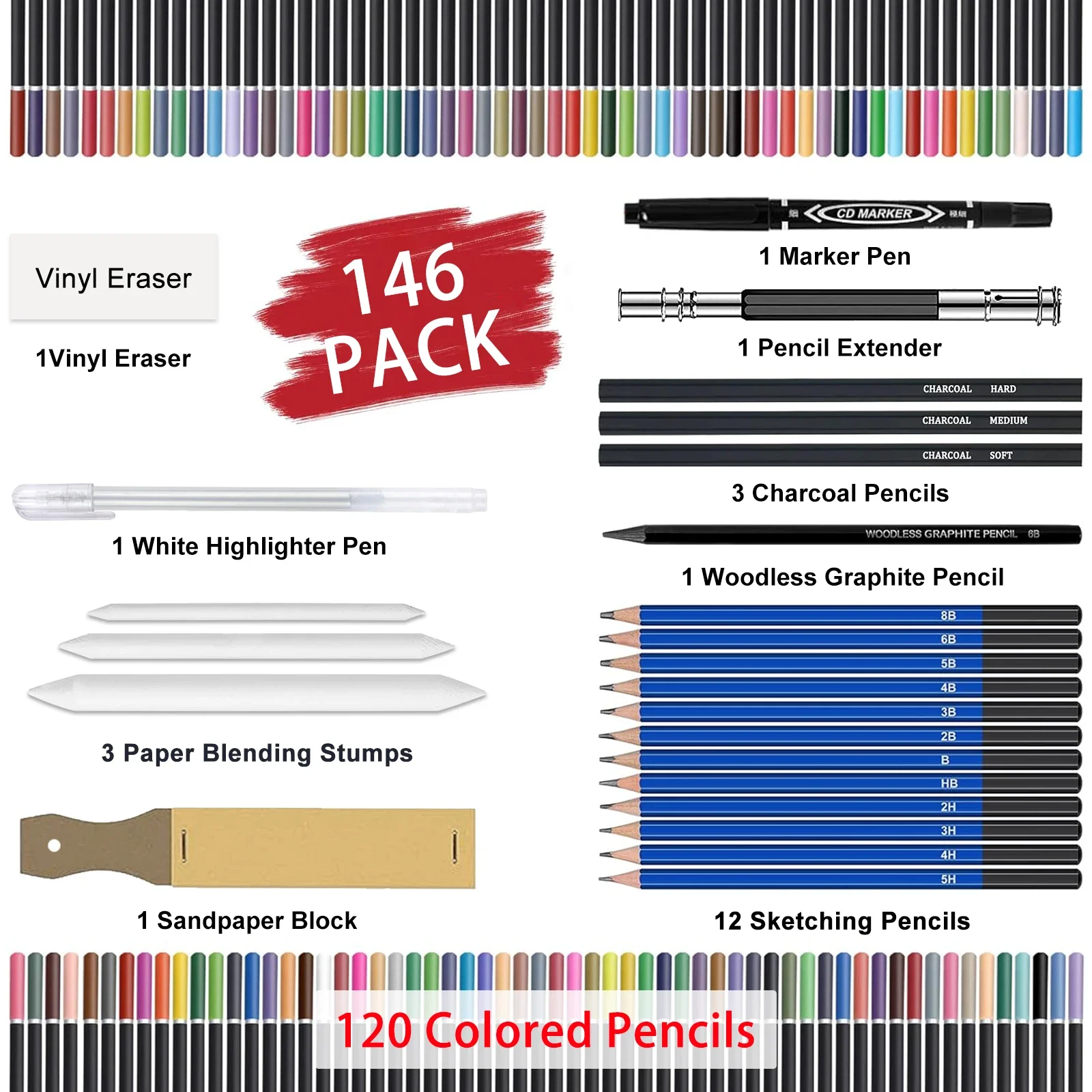 54/73/146 팩 드로잉 스케치 세트, 3색 스케치북, 흑연, 목탄 연필 포함, 음영, 블렌딩에 이상적