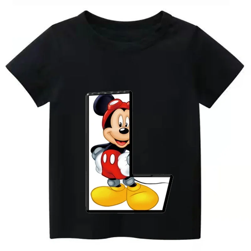thumbnail image 1 of Camiseta de algodón con combinación de letras y nombre personalizada para niños, camiseta de manga corta con fuente ABCDEF de Disney Mickey Mouse, 1 of 5
