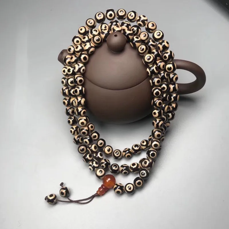 

Tibet Old Dzi Beads Old Agate 108 Three-Eyed Dzi Beads Multi-circle Bracelet Round Beads Natural Agate Black and White Bead Brac