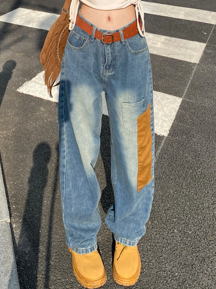 

Streetwear Fashion Splicing Color Contrast Jeans Women's Spring 2022 New High Waist Straight Denim Pants Tide M258