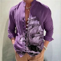 Chemise à col montant pour homme, imprimé bateau à voile vintage, boutonnée, coupe décontractée, chemisier de plage pour les vacances 4