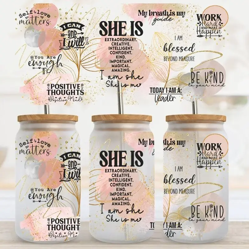 30+ best seller Daily Affirmation Design UV Dtf Wraps Transfer Sticker Self love Cup Wraps Glass Cup Adhesive Easy To Us