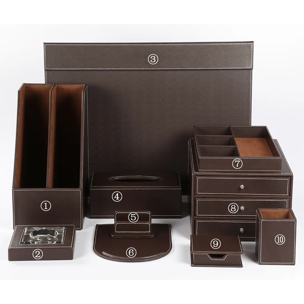 High Quality Office Desk Organizer 10 Piece Set Pen Holder Business Card Stand Stationery File Rack Tissue Box Writing Pad