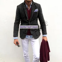 2022 Elegant Fashion Men's Tweed Blazers Set Slim Fit Single Breasted Multiple Pockets Costume Homme Tuxedo 2