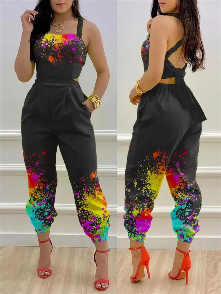 

Summer Print Jumpsuit Women Fashion Casual Sleeveless Elegant Hollowed-out Backless Jumpsuits Female New Party Overalls 2024