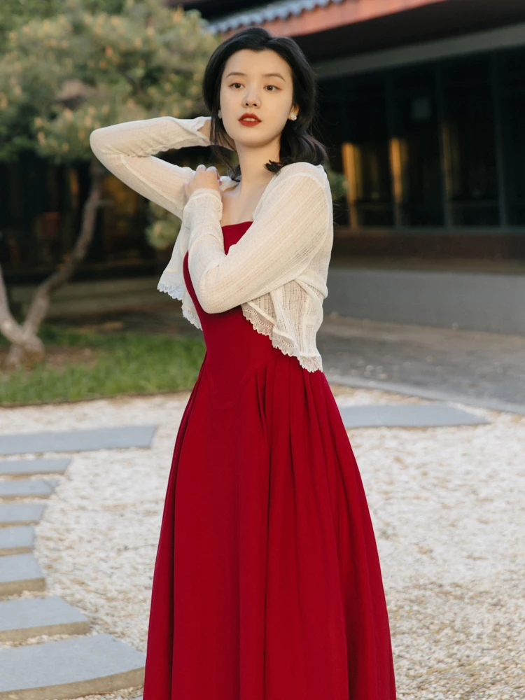 white dress red cardigan Women's A Certain Something Red Knit Pearl Accent Button Up Cardigan Shirt | Size: S