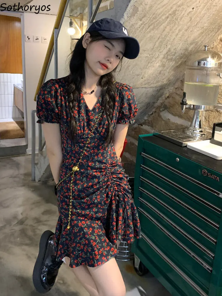 Mini Dresses Women Floral Trendy Puff Sleeve Elegant Slim Korean Style ...