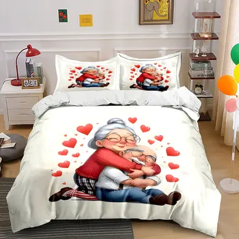 Cute Cartoon Elderly Couple Hug Red Heart Bedding Set,Sweet Old Grandma Grandpa Love Print 1 Duvet Cover + 2 Pillowcase, gift 1