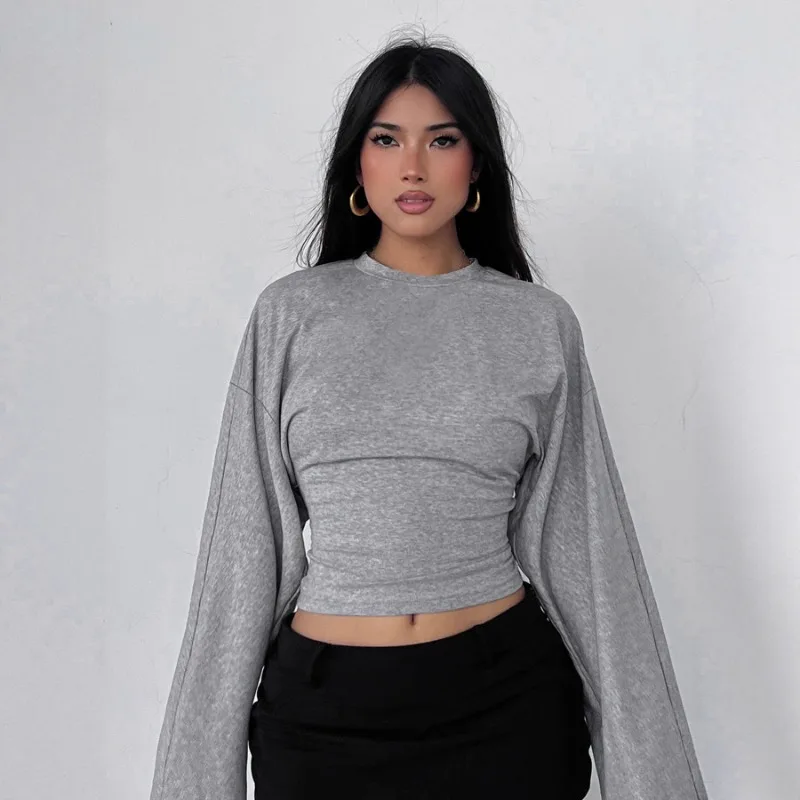 Spring and Summer Women's New Round Neck Long-sleeved T-shirt Elegant Waist Solid Color Women's Loose and Versatile Casual Top