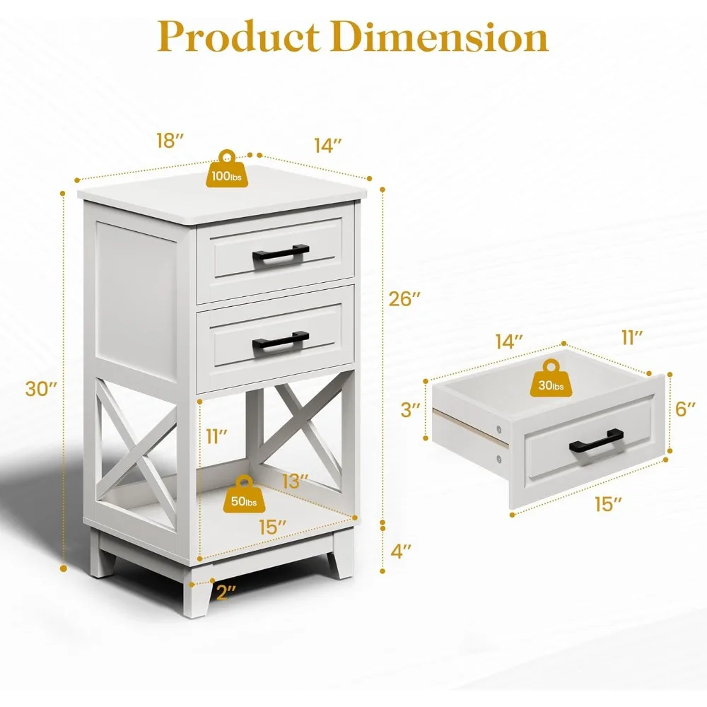 Tall Nightstand, White Side Table with Drawers and Open Shelf Below, Bedside Table with Solid Feet 2