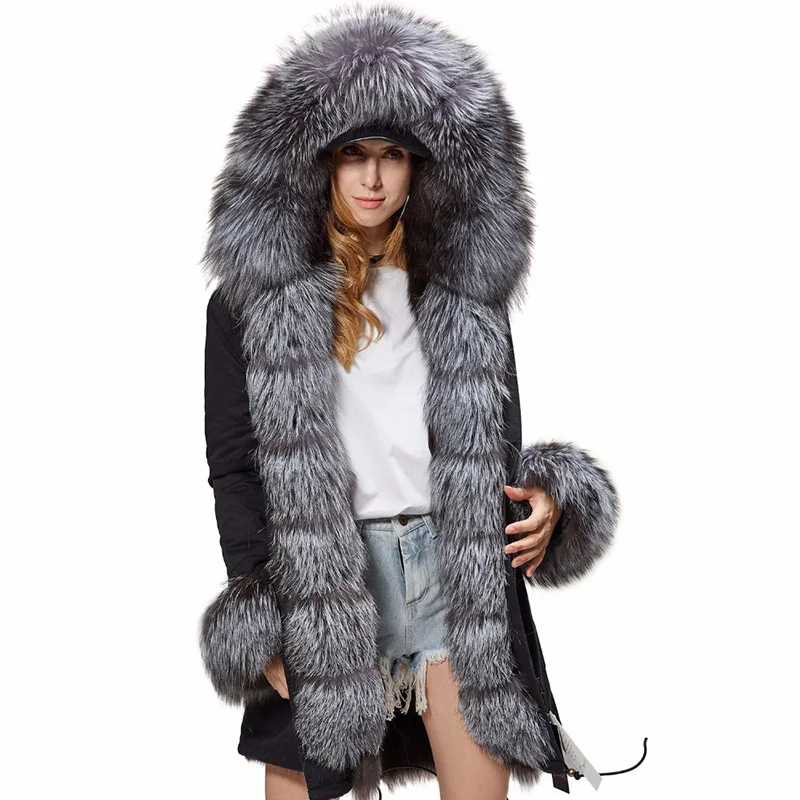 MAOMAOKONG Real Big Fox Fur Coat Winter Jacket Women Natural Hooded Thick Warm Detachable Fur Liner Parkas Fashion Luxury Female