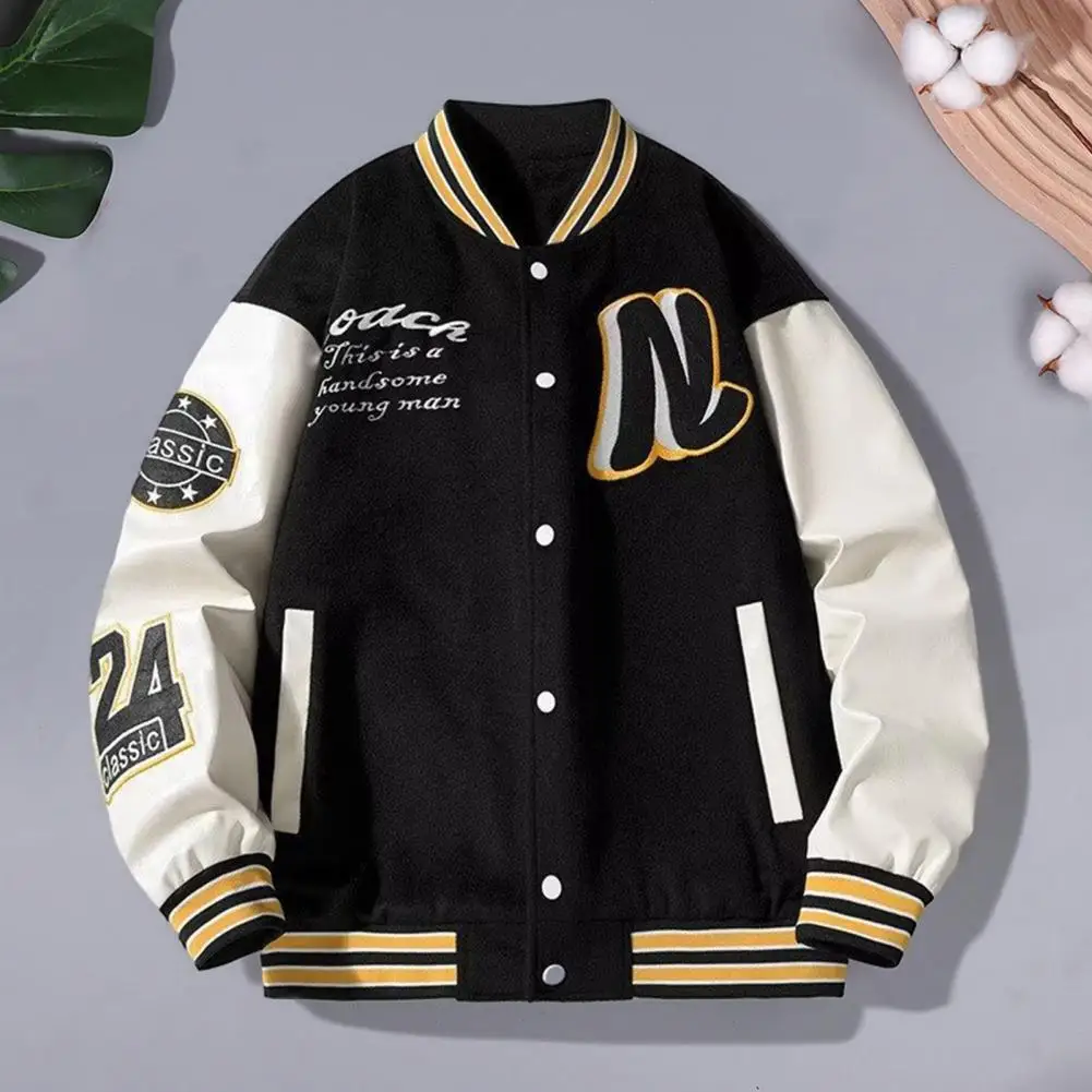 Men Baseball Jacket Men's Stand Collar Striped Letter Pattern Cardigan Coat with Pockets Long Sleeve Baseball Jacket for Mid