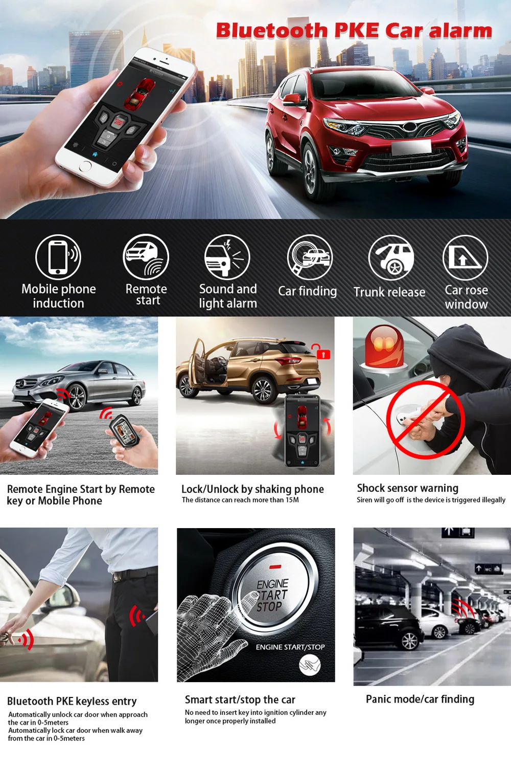 Car Alarm Kit Germany Spy Bluetooth APP Two Way Engine Start 2 LCD Remote 5000M Push Button Security Keyless Entry PKE 862