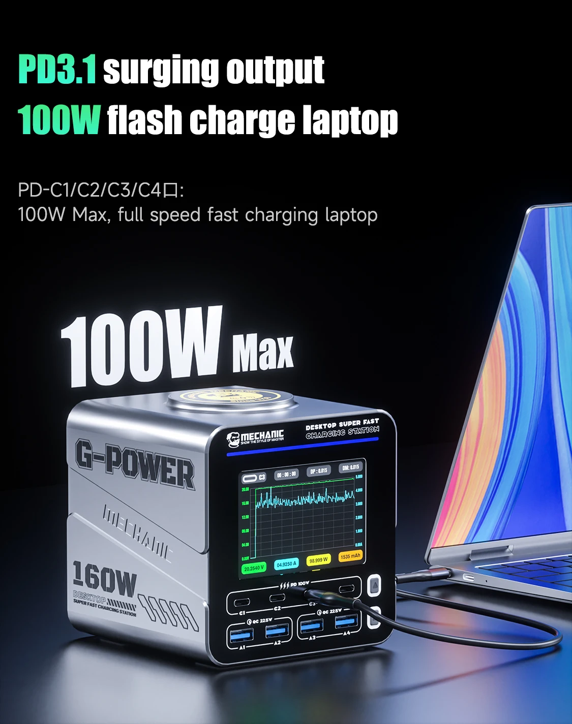 Mechanic G-POWER 160W 8-port GaN Desktop Charging Station with 15W Wireless Char