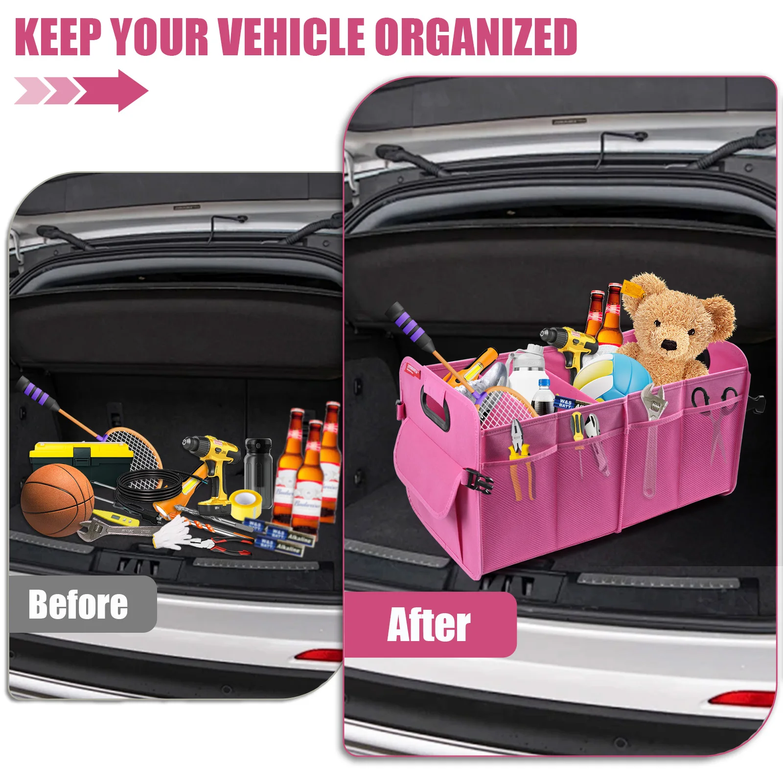 Waterproof 55L Car Organizer Pink-3-Layer Foldable Box with Heavy-Duty Handle (Pink) Oxford Fabric & Extra Pocket