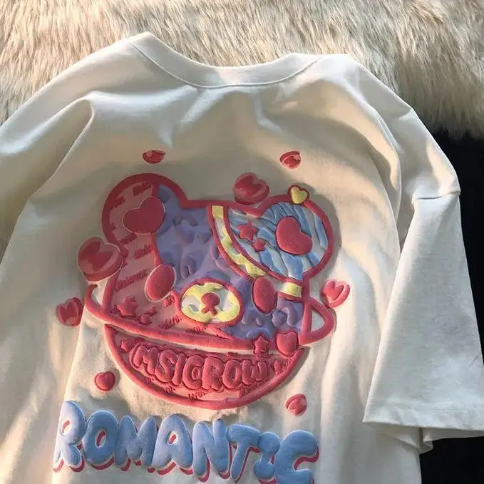 

100% Cotton Girls' Short-Sleeved T-shirt 2023 Summer New Medium and Large Children's Cartoon Cute Bear Printed Top