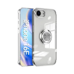 Shockproof Clear Silicone Phone Case with Ring Holder and Magnetic Bracket for iPhone 15 Plus (Silver)