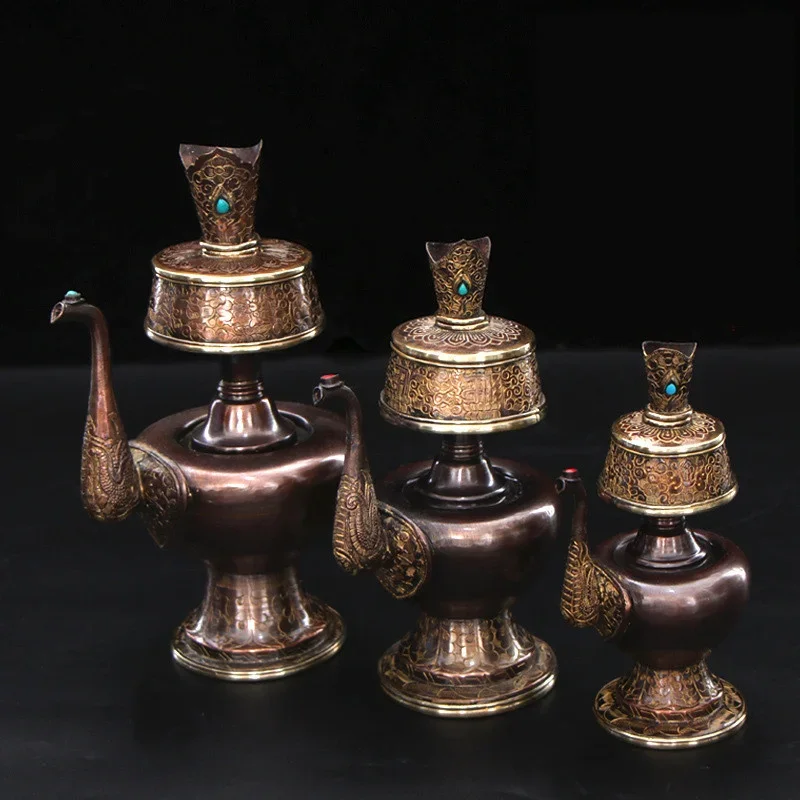 Brass Pemba Pot Asia Temple Family Hall Worshipping Nepal Auspicious Symbols of Buddhism Peacock Fan Buddhist Supplies
