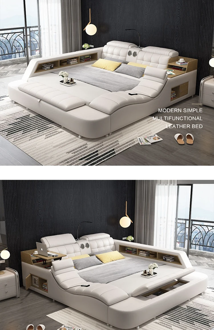

Genuine Leather Bed Multifunctional Beds Ultimate Camas Massage Bed Upholstered Lit with Bluetooth,Speaker,Massager,Projector