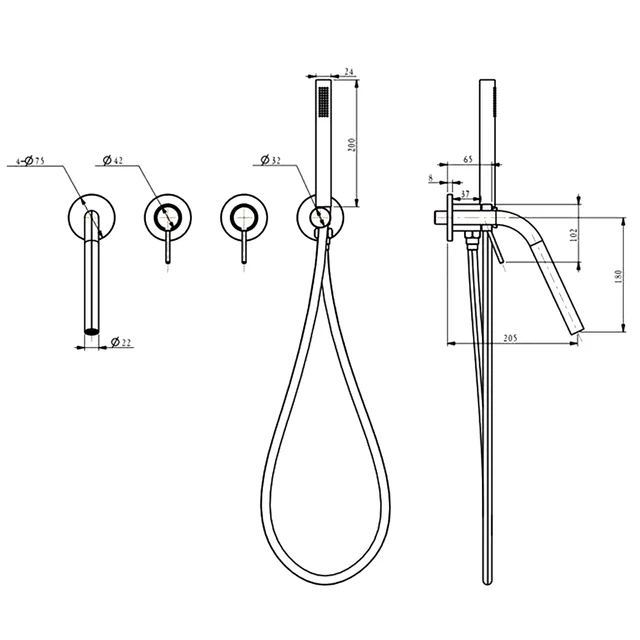 ชุดฝักบัวอาบน้ำแบบฝังผนังพร้อมฝักบัวมือถือแบบพกพา หัวฉีดยาวติดผนัง วาล์วควบคุมแบบติดผนัง 2 หัวจับ ทำจากทองเหลือง 3