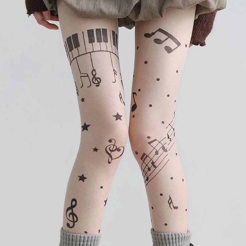 Women Thin Stretchy Stockings Y2K Sweet Music Notes Pantyhosen Sheer Black Tight Cute Lolita Leggings Punk Style Fashion Hosiery