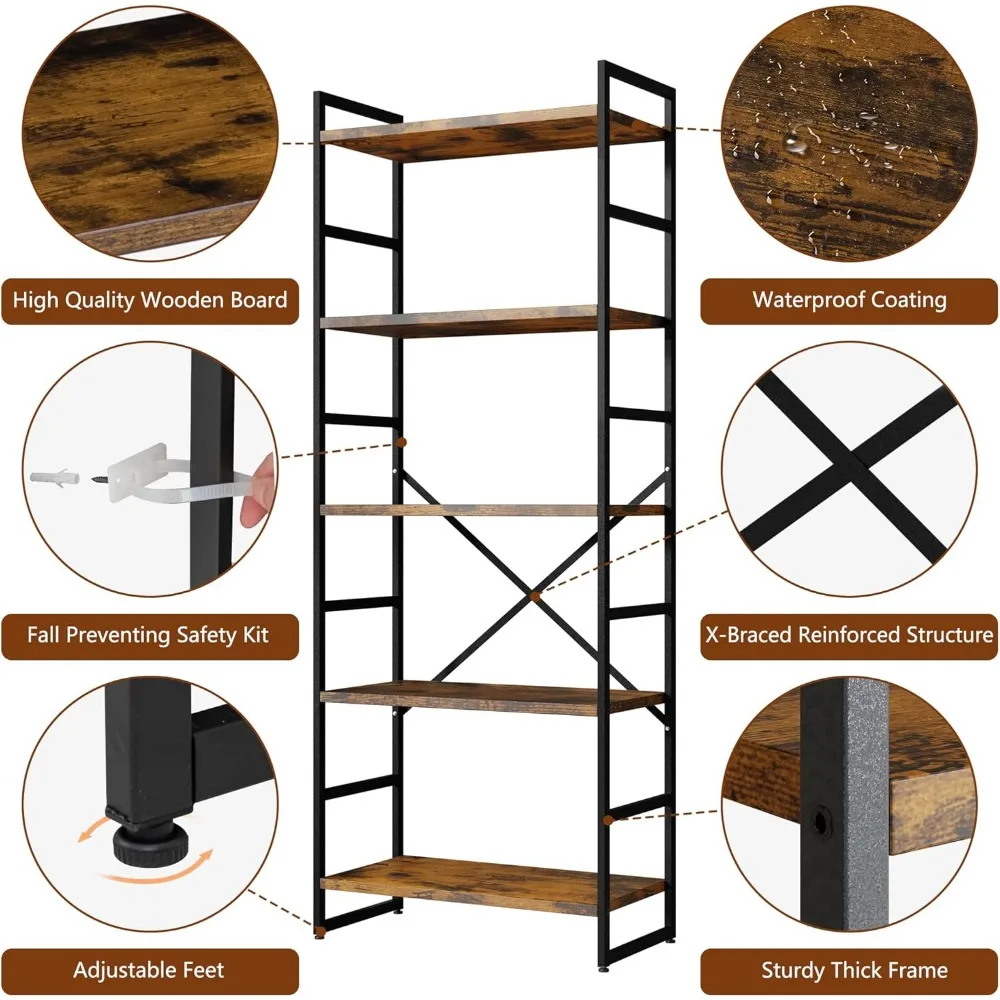 5 Tier Bookshelf for CDs/Movies/Books, Bookcase Storage Organizer, for Bedroom/Living Room/Home Office. Freestanding Bookshelf 6