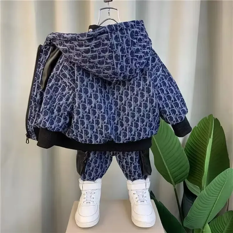 Kids Clothes Autumn and Winter Boys' Clothing Set New Children's and Baby's Winter Wear Plush Thick Hooded Coat Pants 2 Piece Set