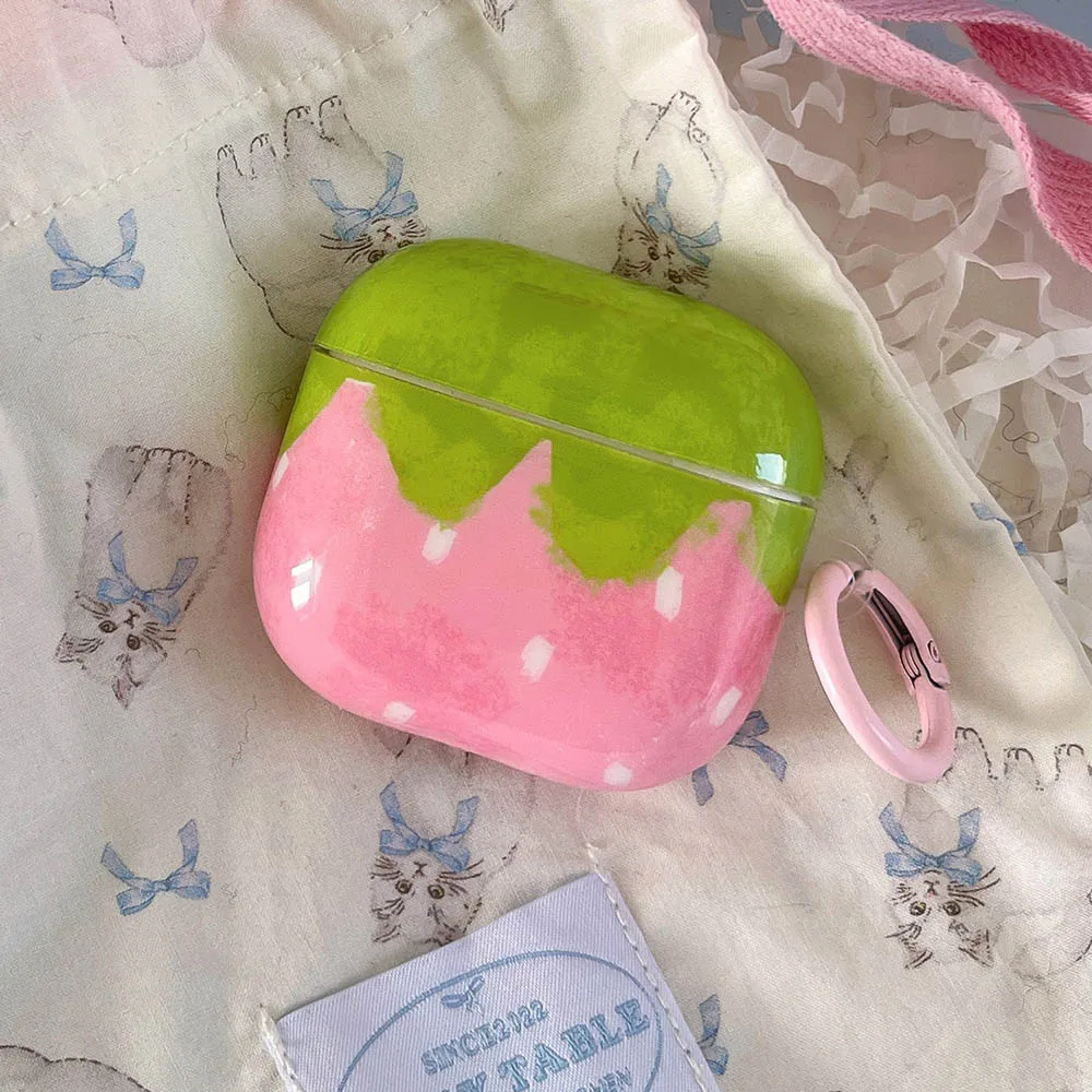 Chic Pink Strawberry Polka Dot Shockproof AirPods Case with Charm Pendant